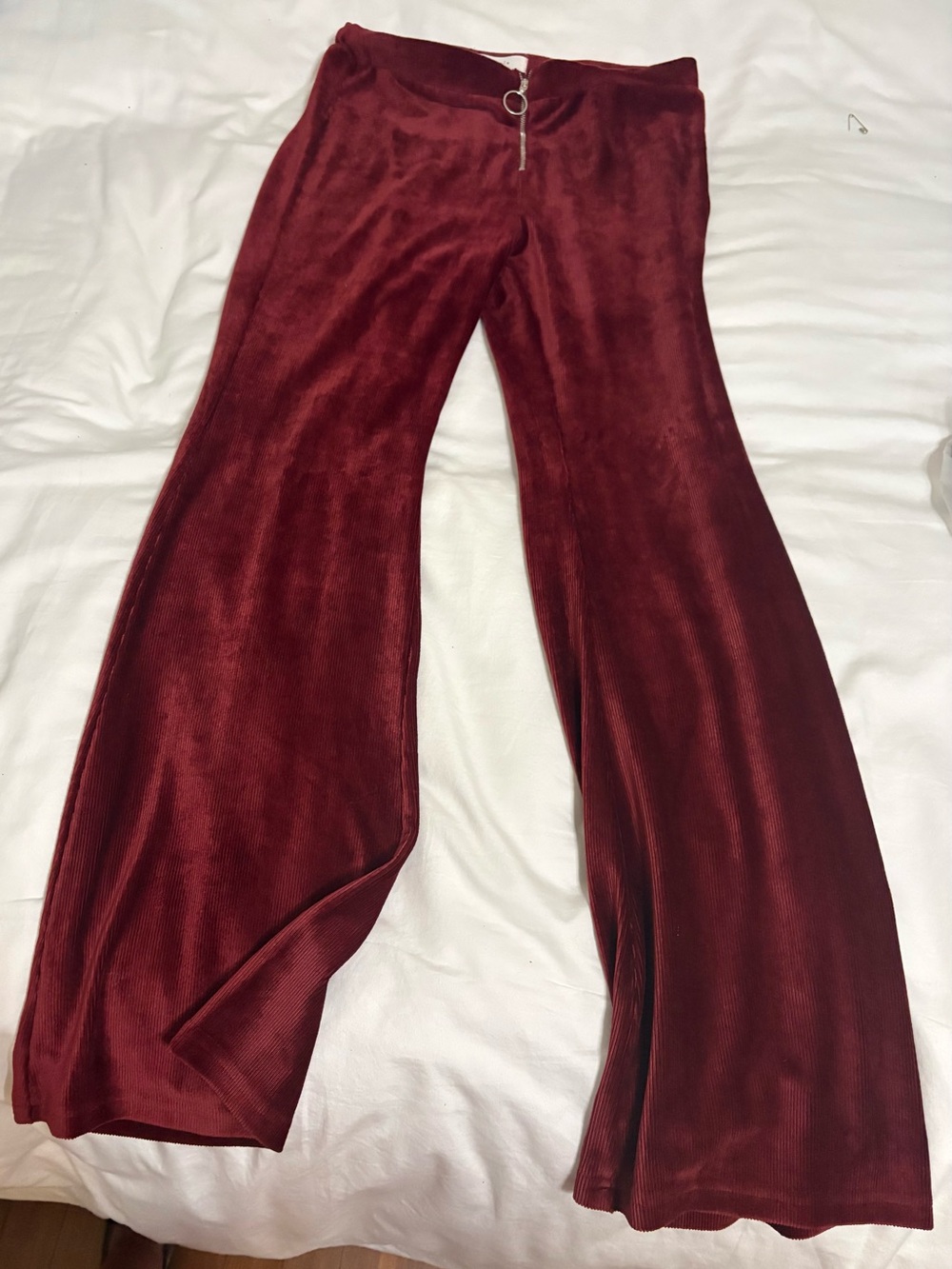 Elodie Burgundy Velvet Flare Pants with O-Ring Zip